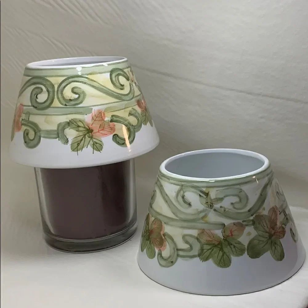 Set Of 2 Glass Candle Toppers Pink Green With Scroll Leaf Design Home Decoration